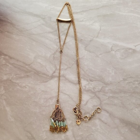 💙 J.Crew Gold Light Blue Beads Beaded Chain Tassel Necklace 💙 - Picture 1 of 6
